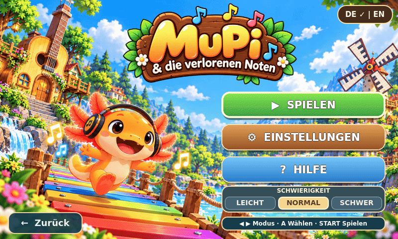 Titelbild von MuPi & die verlorenen Noten mit Spielen, Einstellungen, Hilfe und Schwierigkeitsauswahl