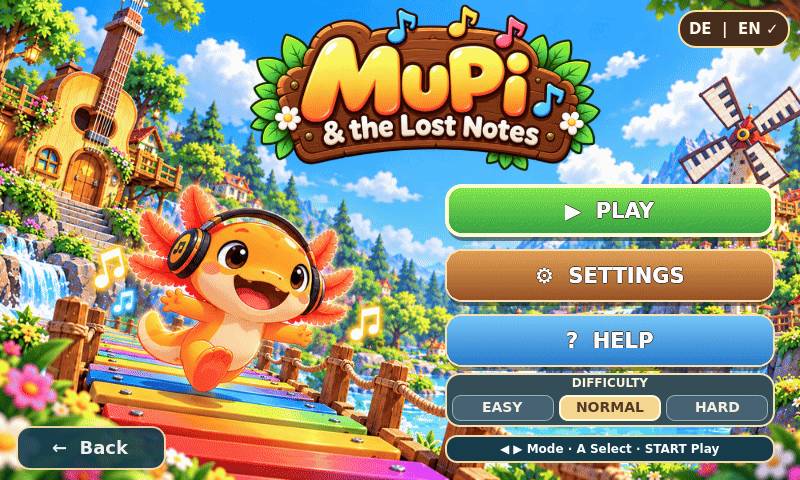 Pantalla de título de MuPi & the Lost Notes con Play, Settings, Help y selección de dificultad